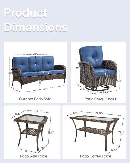 5 Pieces Wicker Patio Furniture Set-Outdoor Swivel Rocker Patio Chairs Patio Sofa Set with Tempered Glass Top Outdoor Coffee Table for Deck Lawn Porch Balcony Poolside-Brown/Blue