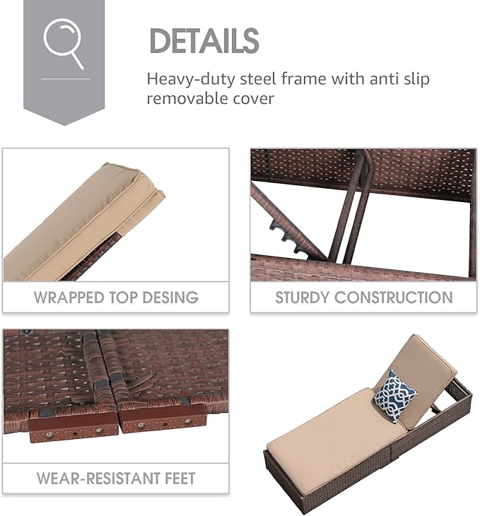 JOIVI Outdoor Chaise Lounge Chair, All-Weather PE Wicker Patio Chairs Pool Lounge Chairs for Outside, Brown Rattan Reclining Outdoor Chair with Adjustable Backrest & Removable Beige Cushion