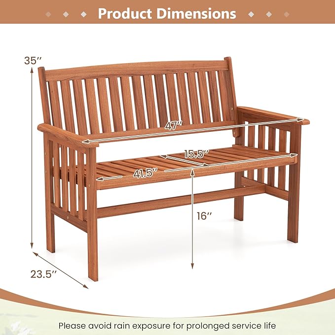 Tangkula Outdoor Wood Garden Bench, 2-Person Patio Park Bench with Backrest, Armrests and Slatted Seat - Photo 3