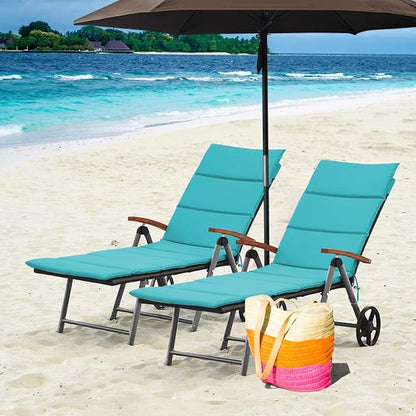 COSTWAY 2 PCS Folding Rattan Lounge with Wheels, Aluminum Patio Lounger with 7 Adjustable Positions, Soft Cushion, Ideal for Outdoor Use (Turquoise)