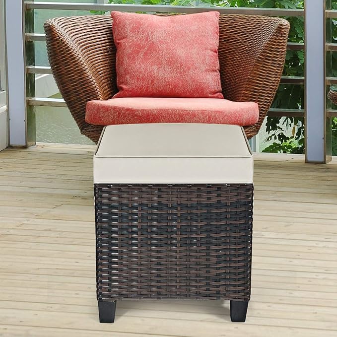 Tangkula 2 Pieces Outdoor Patio Ottoman, All Weather Rattan Wicker Ottoman Seat, Patio Rattan Furniture - Photo 4
