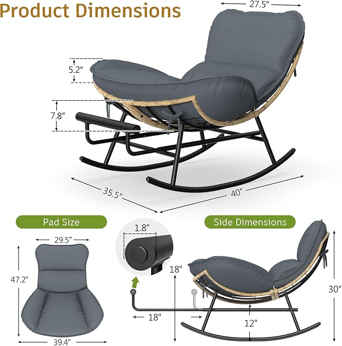 ZENPETIO Outdoor Rocking Chair - Oversized Metal Frame Papasan Rocking Chair with All Weather PE Wicker Rattan Rocker - Photo 2