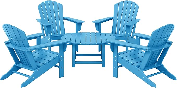 WestinTrends Dylan 5-Piece Outdoor Patio HDPE Adirondack Chair with Round Coffee Table Conversation Set, Pacific Blue