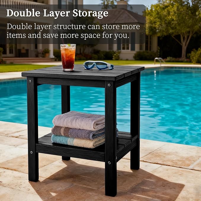 Outdoor Side Table,Double Layer Small Side Tables,All Weather Adirondack Side Table, Waterproof Outdoor End Tables for Patio,Pool,Porch (Black)