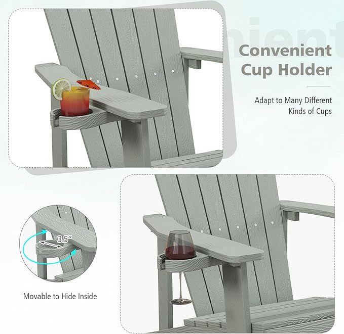 Tangkula Oversized Adirondack Chair, Patio Lounge Chairs w/Adjustable Cup Holder, HIPS Armchairs Slatted Chair, Outdoor Weather Resistant Fire Pit Chair for Deck Backyard Garden Porch (4, Light Grey)