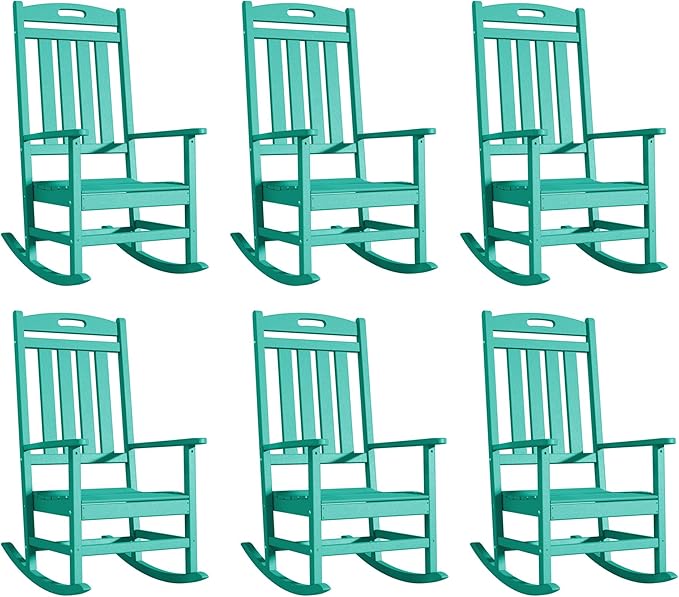 Outdoor Rocking Chair Set of 6, High Back Plastic Patio Rocking Chairs for Outside Porch Rocker Garden Lawn, All-Weather Resistant Poly Lumber Rocker Chair Outdoor, Aruba Blue