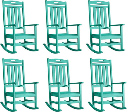 Outdoor Rocking Chair Set of 6, High Back Plastic Patio Rocking Chairs for Outside Porch Rocker Garden Lawn, All-Weather Resistant Poly Lumber Rocker Chair Outdoor, Aruba Blue