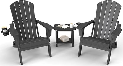Folding Adirondack Chair 3-Piece Set - 38" Extra Tall Back & Embossed Wood Grain, Oversized HDPE Patio Furniture with Side Table & Cup Holders, 380lb Heavy Duty, Black