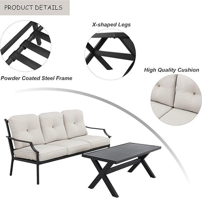LOKATSE HOME Outdoor Patio Cushioned Loveseat 3 Seats Sofa Bench with Metal Coffee Table, Beige
