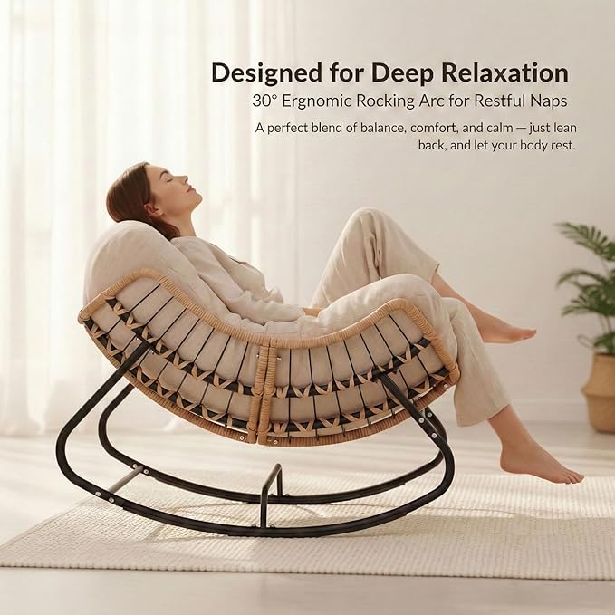Oversized Papasan Rocking Chair Outdoor, Comfy Patio Papasan Egg Rocker with Thick Cushion for 450 lbs - Photo 8