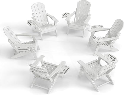 Adjustable Adirondack Chair Set of 6 with Cup Holder, All Weather HDPE Fire Pit Chairs for Deck, Backyard, Patio, White