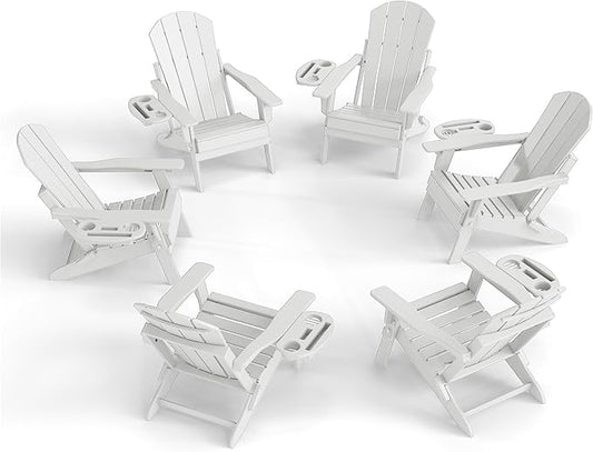 Adjustable Adirondack Chair Set of 6 with Cup Holder, All Weather HDPE Fire Pit Chairs for Deck, Backyard, Patio, White
