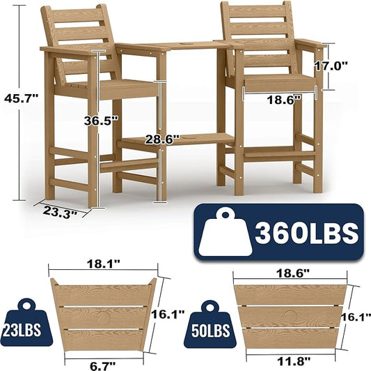 PLUUV Tall Adirondack Chairs Set of 2, All Weather HDPE Poly Bar Height Balcony Adirondack Chair with Removable Double Connecting Trays, Outdoor Adirondack Barstools for Deck, Patio, Yard, Pool, Lawn