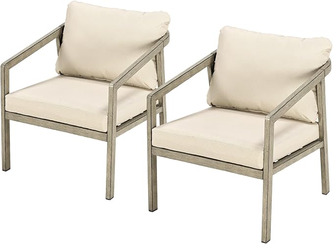 Patio Sofa Chairs Set of 2, Never-Rust Aluminum Outdoor Armchair with Thick Cushions, All Weather 2 Pieces Outdoor Club Chairs, Outdoor Sofa Chairs for Deck, Backyard, Porch, Gray Oak | Never-Rust, Wood-Grain Texture, Wraparound Design, All Weather, Re...