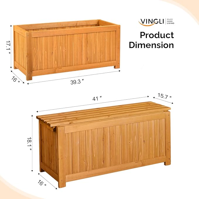VINGLI Outdoor Wood Bench with Planter Boxes, 2-in-1 All-Weather Porch Bench Seat ＆ Open-Ended Wooden Raised Garden Bed, for Balcony Yard Patio (2 Boxes + Rectangle)
