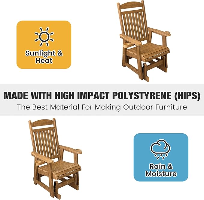 Poly Lumber Patio Glider for One Person, with Cup Holders, High Backrest and Deep Contoured Seat, HIPS Material - Photo 5