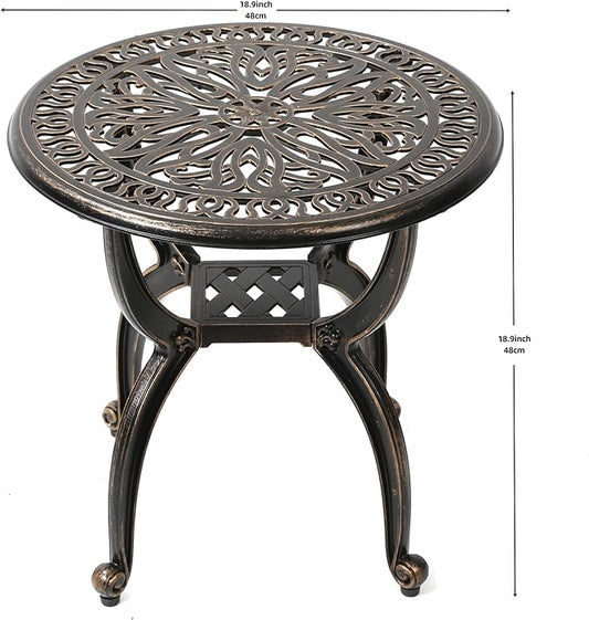 C/G Cast Aluminum Side Table,Decorative Outdoor End Table, Ornate Floral Pattern (Round, Copper)