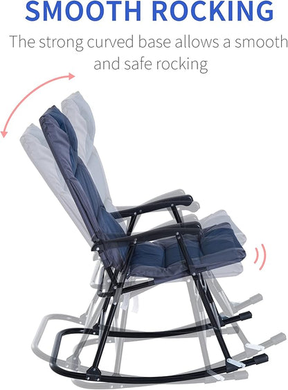 Outsunny Oversized Folding Rocking Camping Chair Set of 2, Padded Outdoor Rockers with High Back and Armrests, Portable Outdoor Patio Chairs with Steel Frame for Garden, Porch, Lawn, Navy Blue