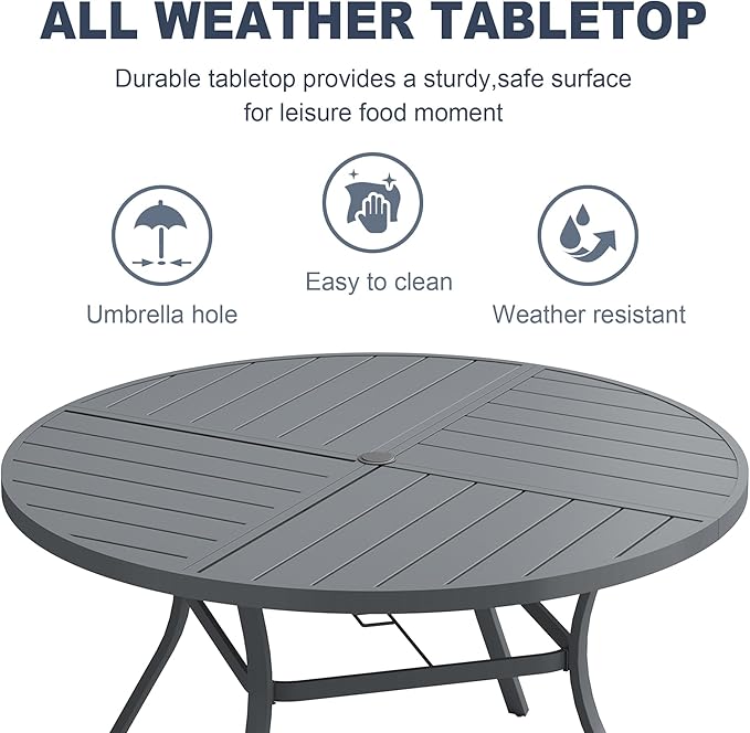 VICLLAX 53" Round Patio Dining Table for 6-8, All Weather Metal Outdoor Table with 1.57" Umbrella Hole and Surdy Frame for Garden Lawn Deck, Sandshell