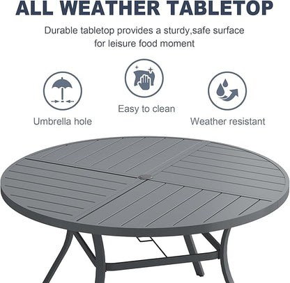 VICLLAX 53" Round Patio Dining Table for 6-8, All Weather Metal Outdoor Table with 1.57" Umbrella Hole and Surdy Frame for Garden Lawn Deck, Sandshell