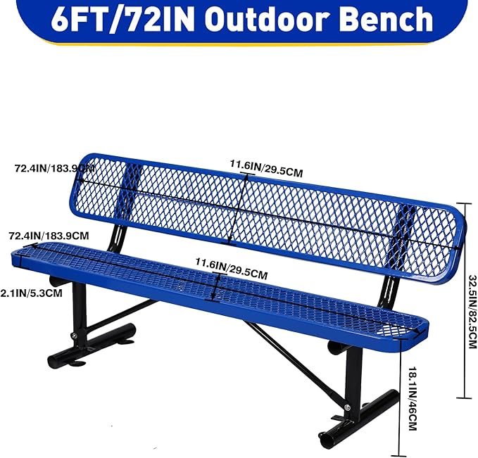 Heavy Duty Park Bench with Back Portable Frame, Outdoor Metal Park Bench with Backrest - Photo 2
