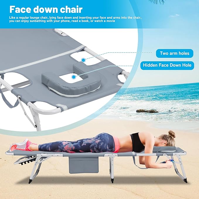 3-in-1 Oversized Sun Tanning Chair with Mat & Face Hole, Heavy Duty Folding Chaise Lounge - 5-Position Adjustable Outdoor Chair for Beach, Pool, Patio, Lawn, Yard - Includes Pillow (Grey)