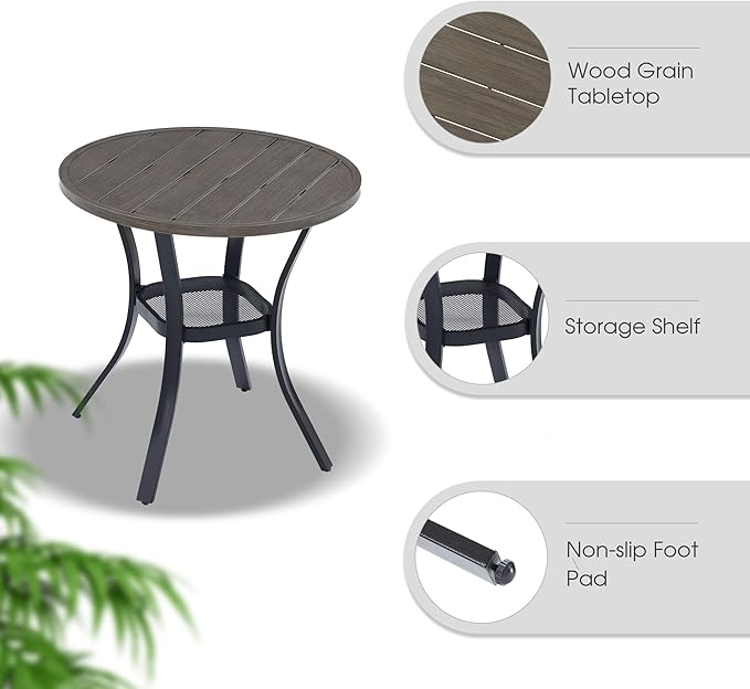 VICLLAX Small Patio Dining Table for 2, Round Metal Slatted Tabletop with Storage Shelf for Front Porch Lawn Garden, Antique Grey Tabletop(No Umbrella Hole)