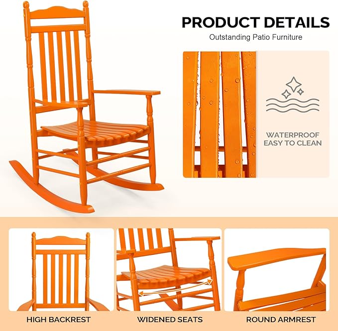 VINGLI Wooden Rocking Chair Outdoor, Patio Rockers with High Back, Support 450 LBS Rocking Chairs, for Porch, Patio, Balcony, Garden, Yard (Orange, 2 PCS)