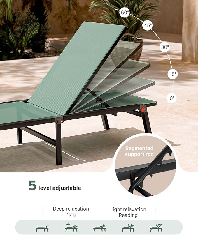 Aluminum Patio Chaise Lounge Chair Set of 2 with Side Table,5-Position Adjustable Backrest,Foldable Lounge Chair Outdoor,Pool Lounge Chairs for Poolside,Lawn,Deck,Beach (Green, 2 Pack+Table)