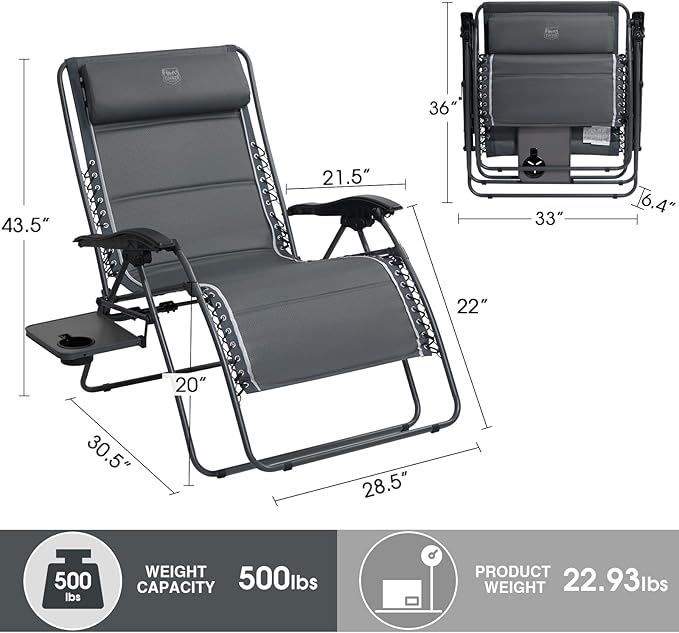 Timber Ridge Oversized Zero Gravity Chair, 33In Wide XXL Zero Gravity Reclining Chair with Side Table - Photo 3