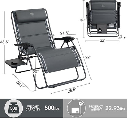 Timber Ridge Oversized Zero Gravity Chair, 33In Wide XXL Zero Gravity Reclining Chair with Side Table, Full Padded Lounge Chair for Outdoor Camping Patio Lawn, Heavy Duty Supports 500lbs, Grey-1 Pack