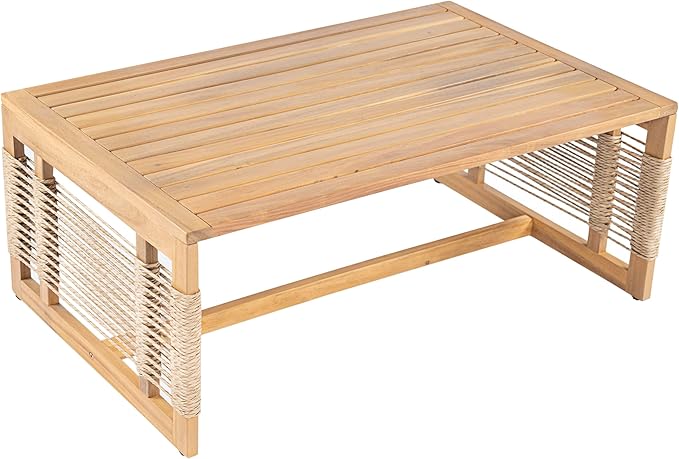Merax Outdoor 5 Piece Patio Acacia Wood Conversation Set with Beige Cushions, Hand Woven Rope Design - Photo 6