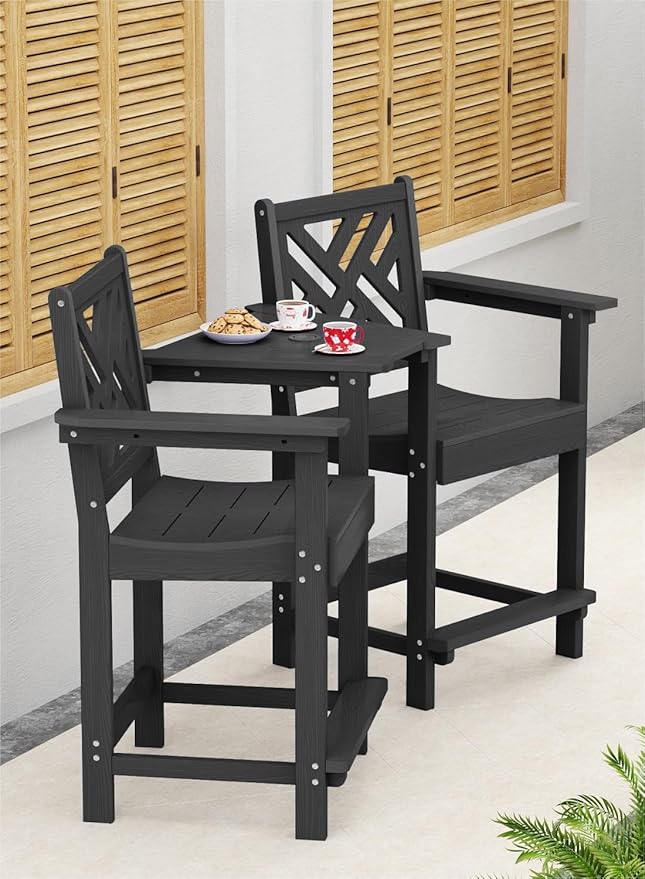 Tall Adirondack Chairs Set of 2, Outdoor 24'' Counter Height Bar Stools with Back and Arms, All-Weather HDPE Patio Tall Chairs for Balcony, Backyard, Garden, Deck (Black)