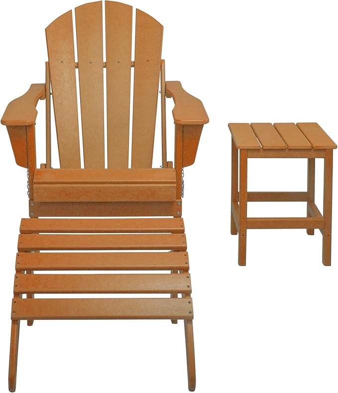 WestinTrends Malibu Outdoor Lounge Chairs, 3-Pieces Adirondack Chair Set with Ottoman and Side Table, All Weather Poly Lumber Patio Lawn Folding Chair for Outside Pool Garden Backyard, Orange