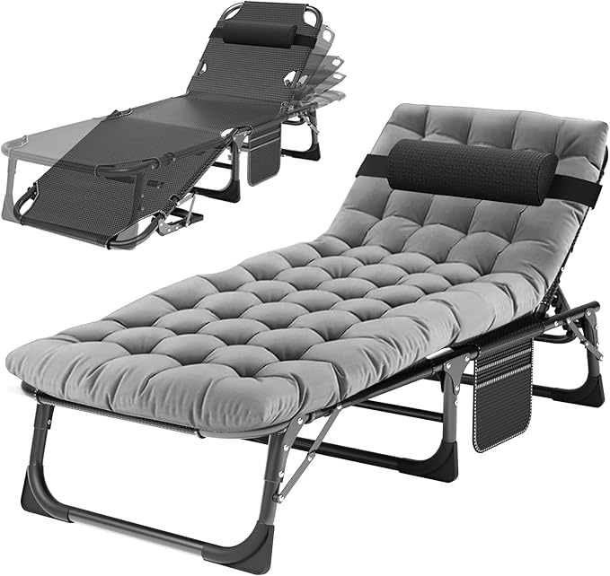 H&ZT Folding Patio Lounge Chair with Thick Padded Cushion, Adjustable Reclining Chaise Lounger with Headrest, Heavy Duty Outdoor Sunbathing Chair for Patio, Garden, Poolside, and Beach