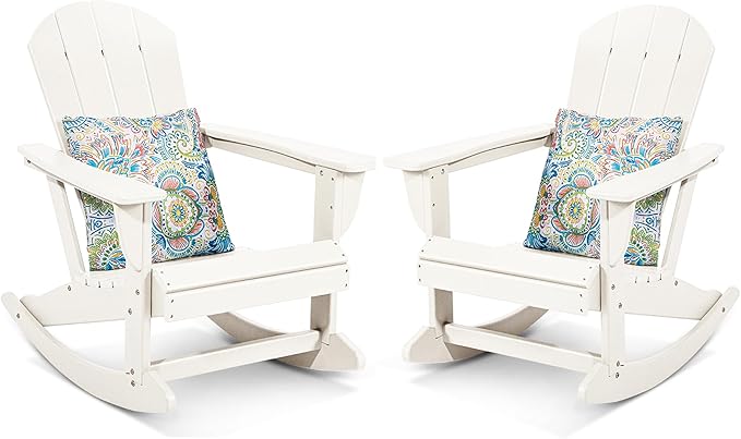 Sundale Outdoor Rocking Chair Set of 2 with Pillow, Patio Plastic All Weather Adirondack Rocker for Proch, Water Resistant for Outside, Garden, Pool, Yard, White