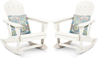 Sundale Outdoor Rocking Chair Set of 2 with Pillow, Patio Plastic All Weather Adirondack Rocker for Proch, Water Resistant for Outside, Garden, Pool, Yard, White