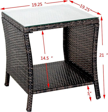 Rattan Wicker Side Table Glass Coffee Table for Outdoor Backyard Lawn Balcony Pool Square Tempered Glass Top Wicker Rattan End Table Furniture with Storage (Brown2)