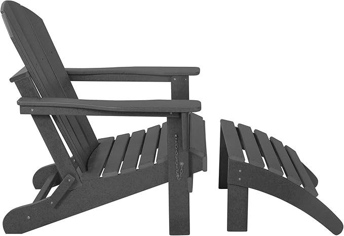 WestinTrends Malibu Outdoor Lounge Chair, 2-Pieces Adirondack Chair Set with Ottoman, All Weather Poly Lumber Patio Lawn Folding Chairs for Outside Pool Garden Backyard Beach, Gray
