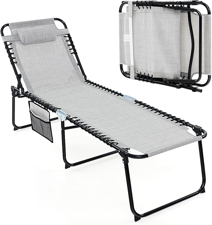 Tangkula Beach Lounge Chair for Outside, Folding Chaise Lounge Outdoor with 4-Position Backrest - Photo 1