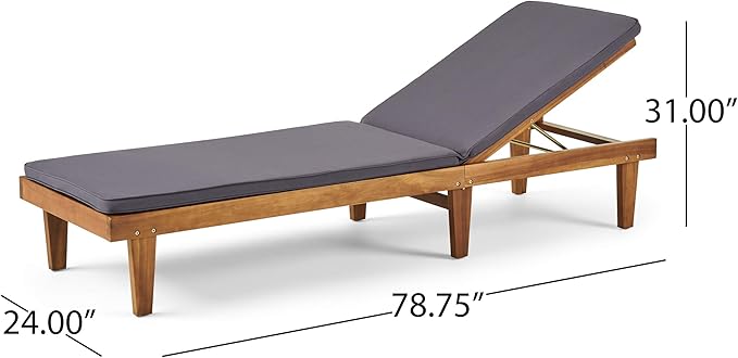 Great Deal Furniture Yvette Outdoor Acacia Wood Chaise Lounge and Cushion Set, Teak and Dark Gray, (309789)
