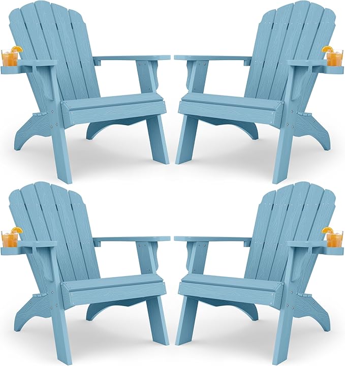 YEFU Oversized Plastic Adirondack Chair Set of 4 with Cup-Holder, Weather Resistant, Poly Lumber Outdoor Chairs Duty Rating Widely Used in Patio, Lawn, Outside, Deck, Garden Chair-Blue