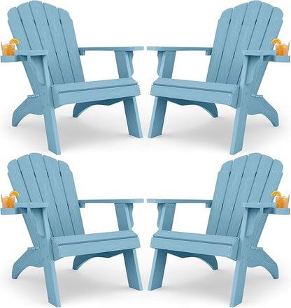 YEFU Oversized Plastic Adirondack Chair Set of 4 with Cup-Holder, Weather Resistant, Poly Lumber Outdoor Chairs Duty Rating Widely Used in Patio, Lawn, Outside, Deck, Garden Chair-Blue