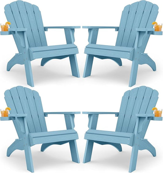 YEFU Oversized Plastic Adirondack Chair Set of 4 with Cup-Holder, Weather Resistant, Poly Lumber Outdoor Chairs Duty Rating Widely Used in Patio, Lawn, Outside, Deck, Garden Chair-Blue