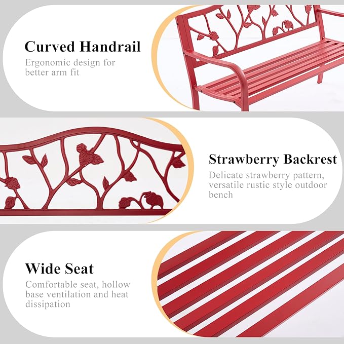 50" Outdoor Garden Bench, Cast Iron Metal Outdoor Benches Weatherproof with Artistic Strawberry Backrest - Photo 4