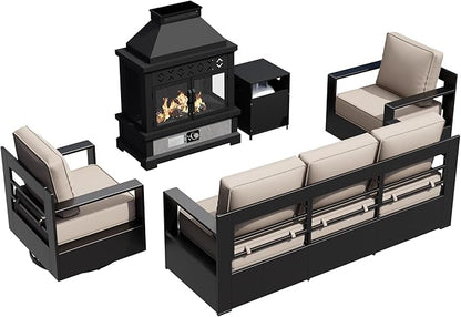 Outdoor Aluminum Furniture Set, 4-Piece Patio Conversation Set, 2 Swivel Chairs, 1 Sofa and 1 Fireplace, All-Weather Metal Frame, 6" Thick Removable Cushions, Deep Setting for Garden and Porch