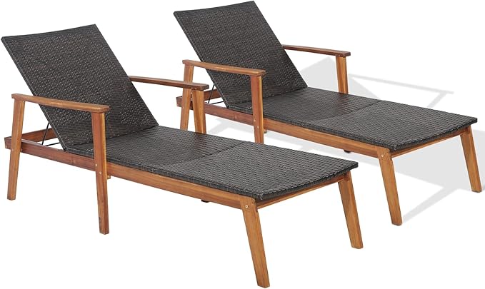 HAPPYGRILL 2PCS Patio Chaise Lounge Chair, Outdoor Rattan Recliner with 4-Level Adjustable Backrest, Solid Acacia Wood Frame, Ergonomic Lounge Chair for Backyard Poolside Balcony