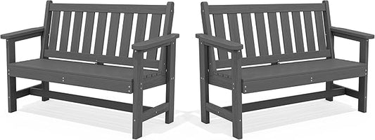 SERWALL Outdoor Bench, HDPE Outdoor Benches Weatherproof, 2-Person Garden Bench with 660 lbs Weight Capacity, Patio Benches for Outdoors, Garden, Porch, Backyard and Park, Grey, 2 Pack