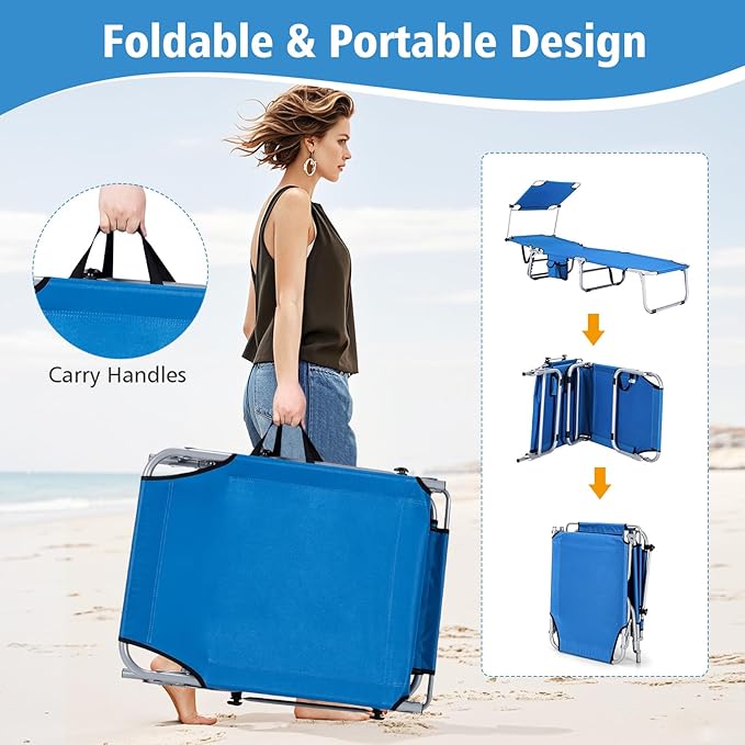 Goplus Tanning Chair, Foldable Beach Lounge Chair with 360°Canopy Sun Shade, Side Pocket - Photo 7