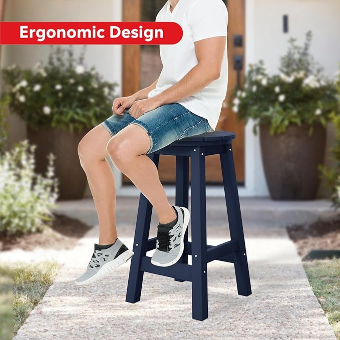 Costaelm 24" Height Outdoor Bar Stools, All-Weather Bar Stools, Adirondack Poly Patio Round Bar Stool for Patio, Deck, Kitchen Counter and Garden, Navy Blue